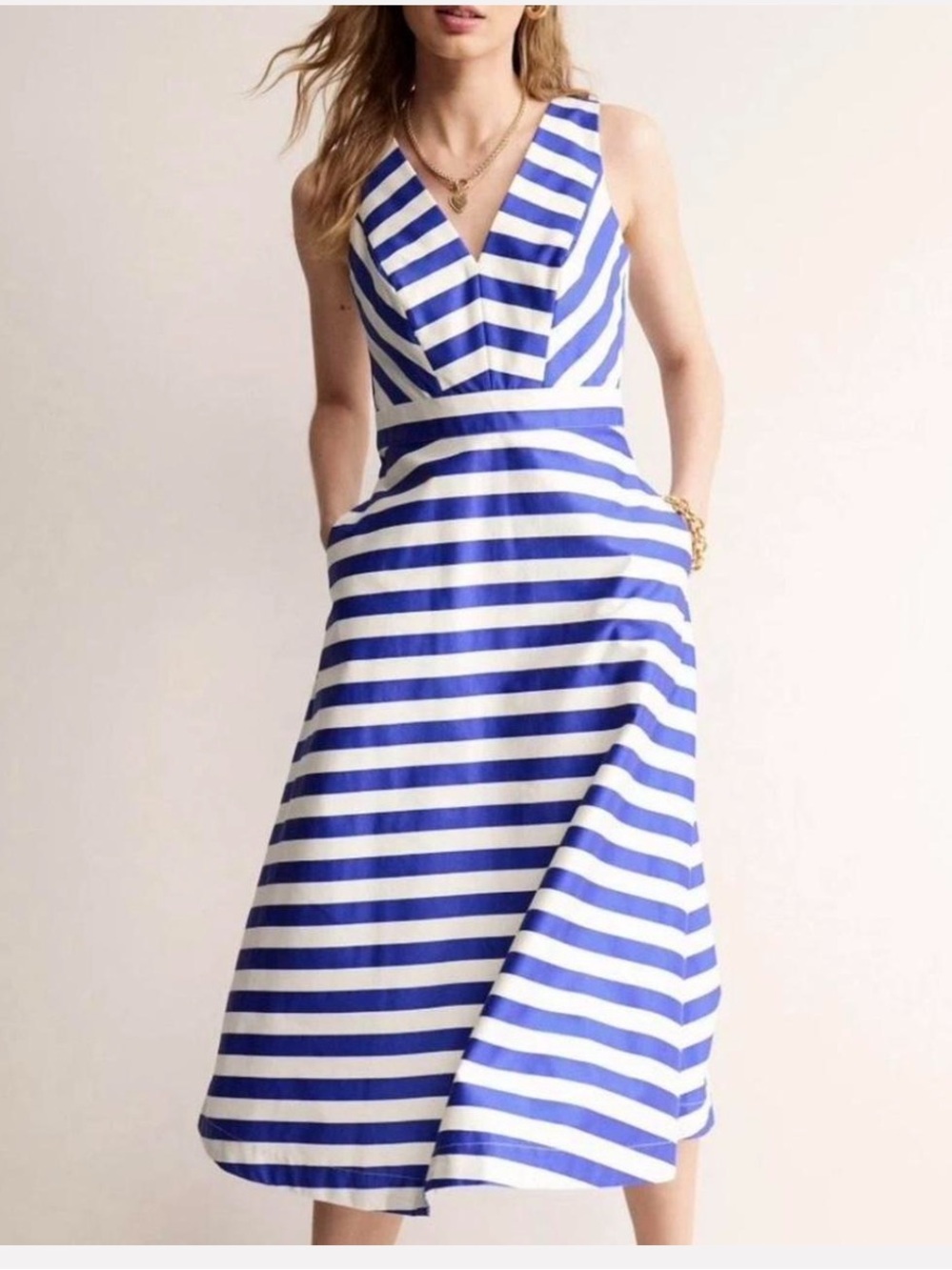 Boden Blue & White Striped V-Neck Midi Dress - Women's Size 10P